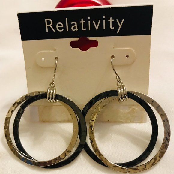 RELATIVITY DOUBLE HOOPS GRAY AND SILVER TONE EARRINGS - Picture 1 of 4